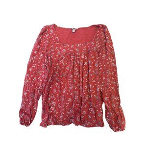 Lucky Brand Large Red Floral Long Sleeve Womens Blouse Cottage Balloon Sleeve